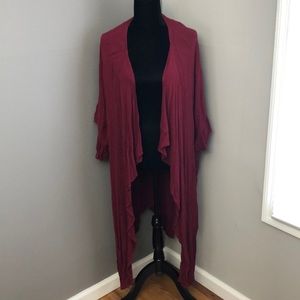 Burgundy Long Kimono with Ruffled Sleeves